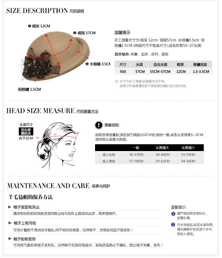 貝雷帽，羊毛呢帽，尺寸說(shuō)明